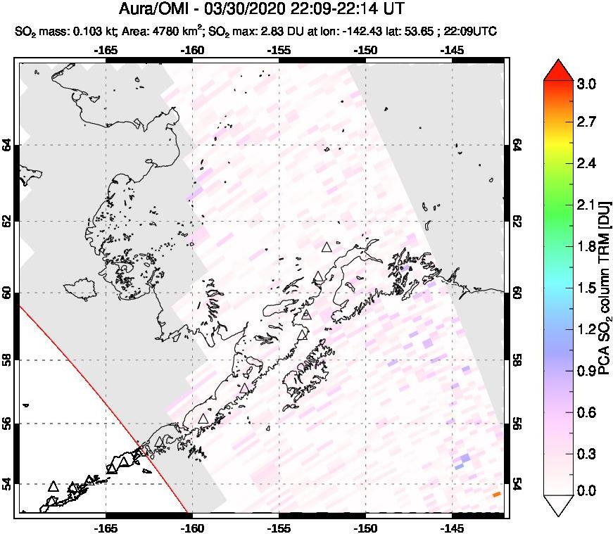 A sulfur dioxide image over Alaska, USA on Mar 30, 2020.