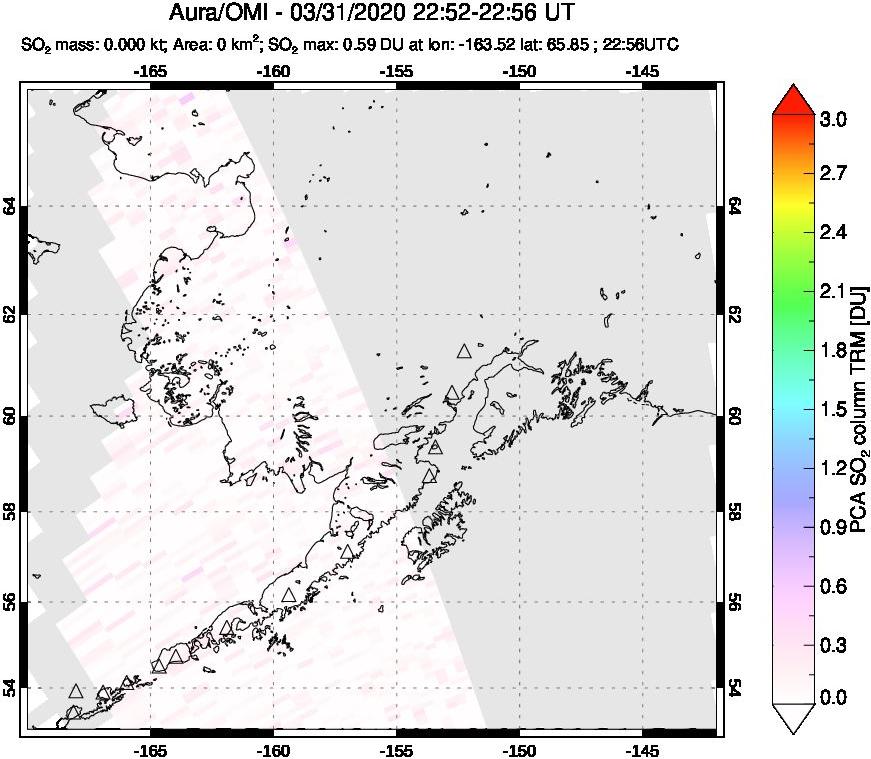A sulfur dioxide image over Alaska, USA on Mar 31, 2020.