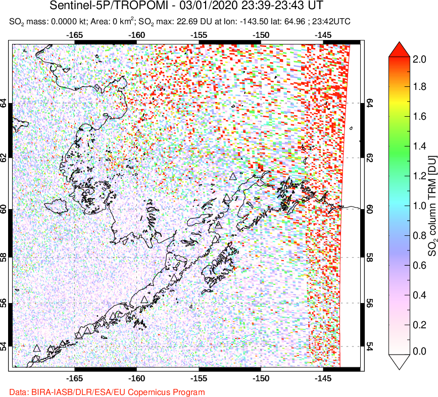A sulfur dioxide image over Alaska, USA on Mar 01, 2020.