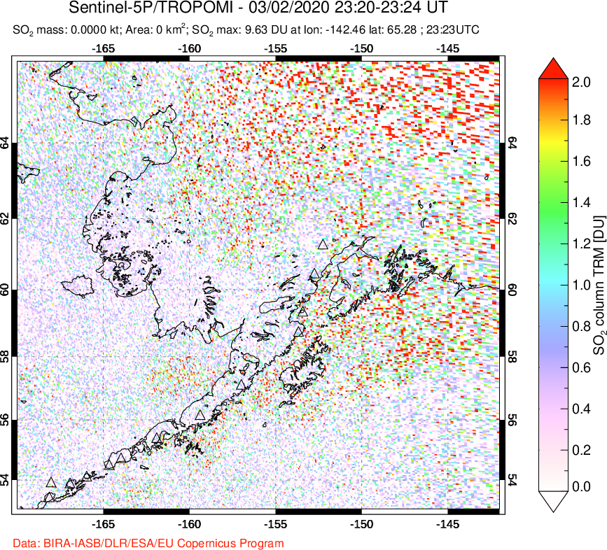 A sulfur dioxide image over Alaska, USA on Mar 02, 2020.