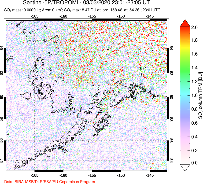 A sulfur dioxide image over Alaska, USA on Mar 03, 2020.