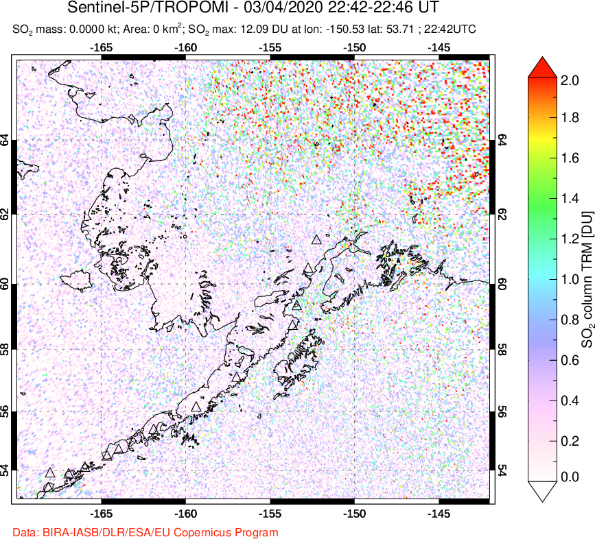A sulfur dioxide image over Alaska, USA on Mar 04, 2020.