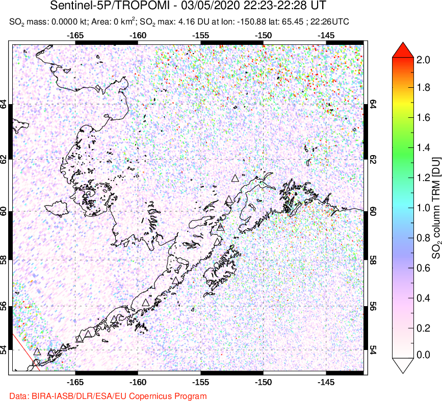 A sulfur dioxide image over Alaska, USA on Mar 05, 2020.