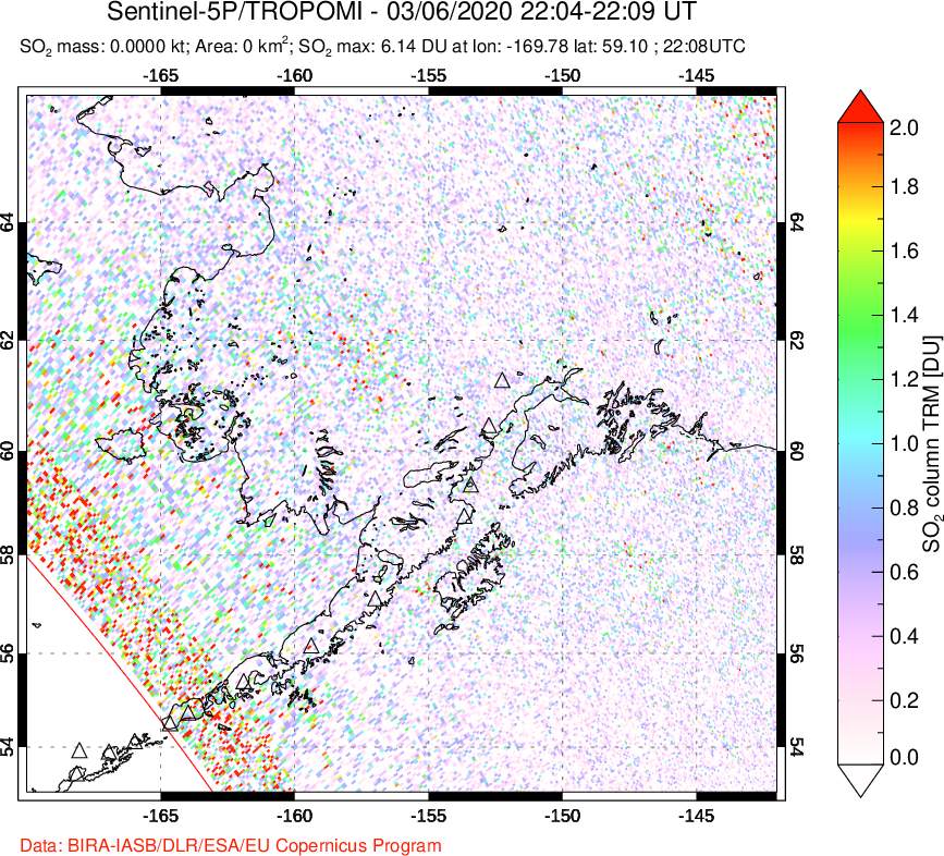 A sulfur dioxide image over Alaska, USA on Mar 06, 2020.
