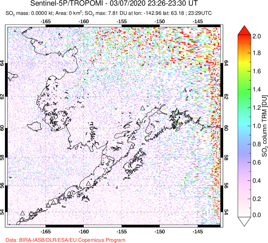 A sulfur dioxide image over Alaska, USA on Mar 07, 2020.