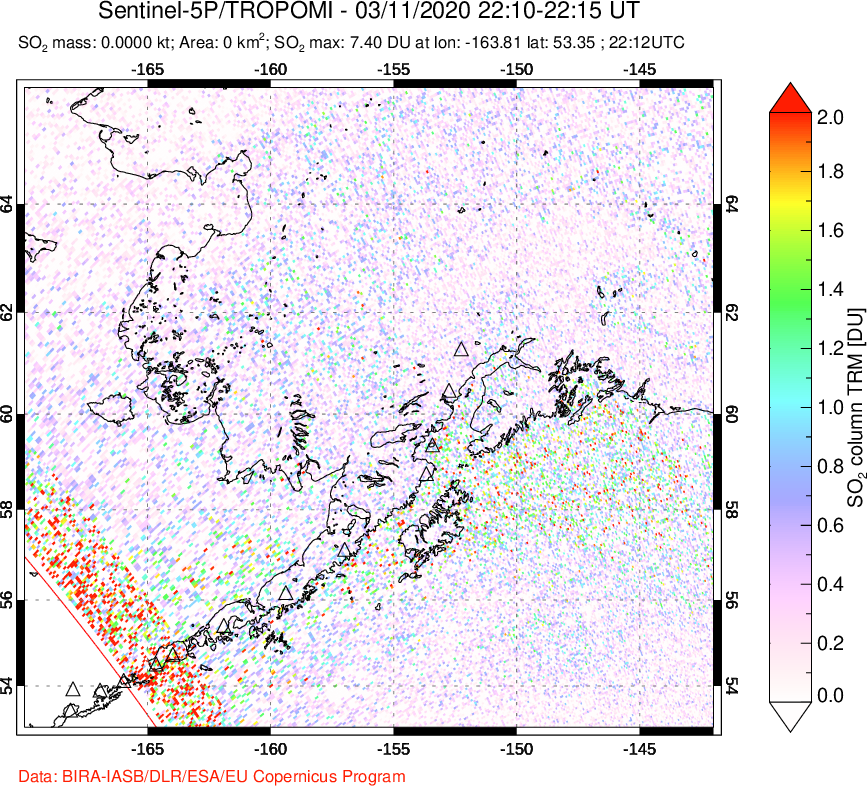 A sulfur dioxide image over Alaska, USA on Mar 11, 2020.