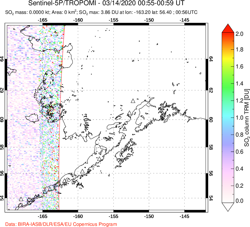 A sulfur dioxide image over Alaska, USA on Mar 14, 2020.