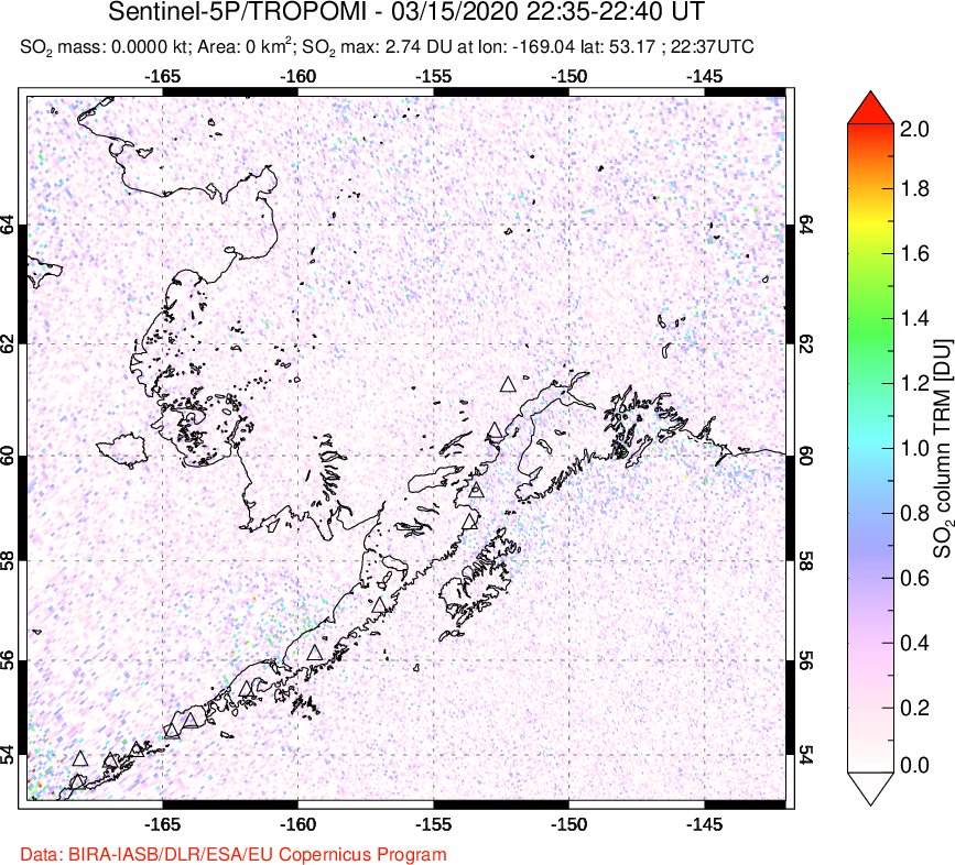 A sulfur dioxide image over Alaska, USA on Mar 15, 2020.