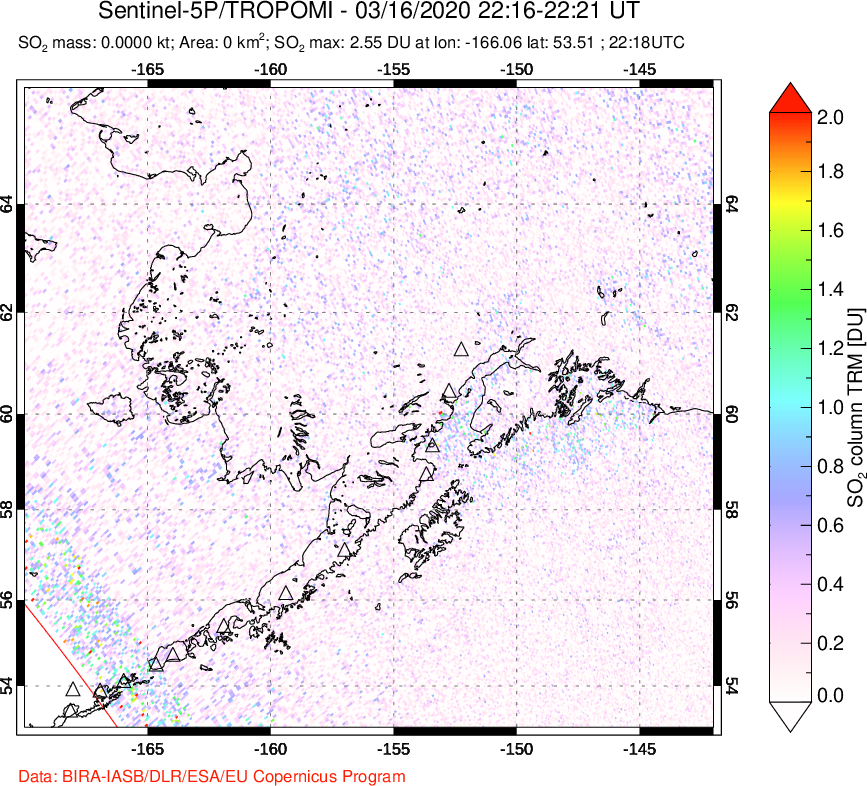 A sulfur dioxide image over Alaska, USA on Mar 16, 2020.