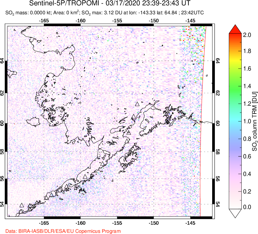 A sulfur dioxide image over Alaska, USA on Mar 17, 2020.