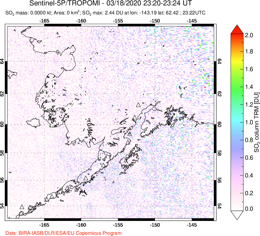 A sulfur dioxide image over Alaska, USA on Mar 18, 2020.