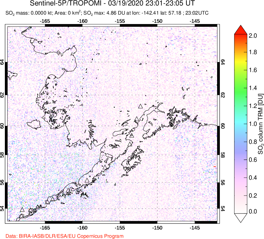 A sulfur dioxide image over Alaska, USA on Mar 19, 2020.