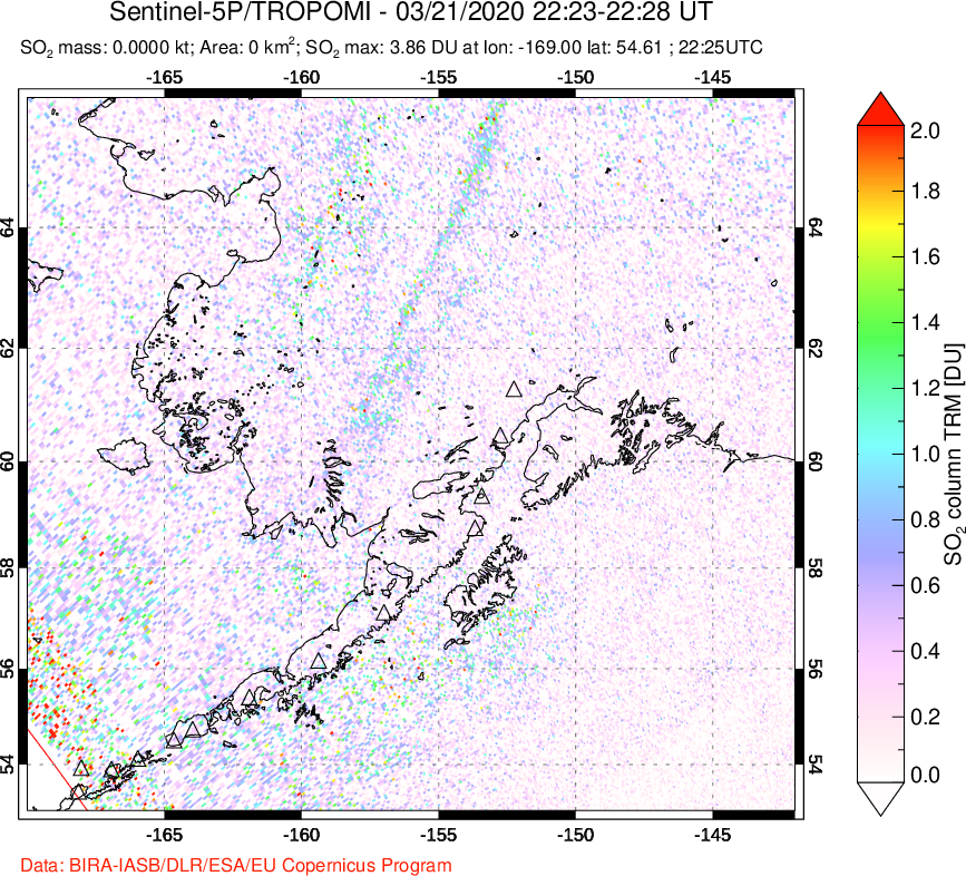 A sulfur dioxide image over Alaska, USA on Mar 21, 2020.
