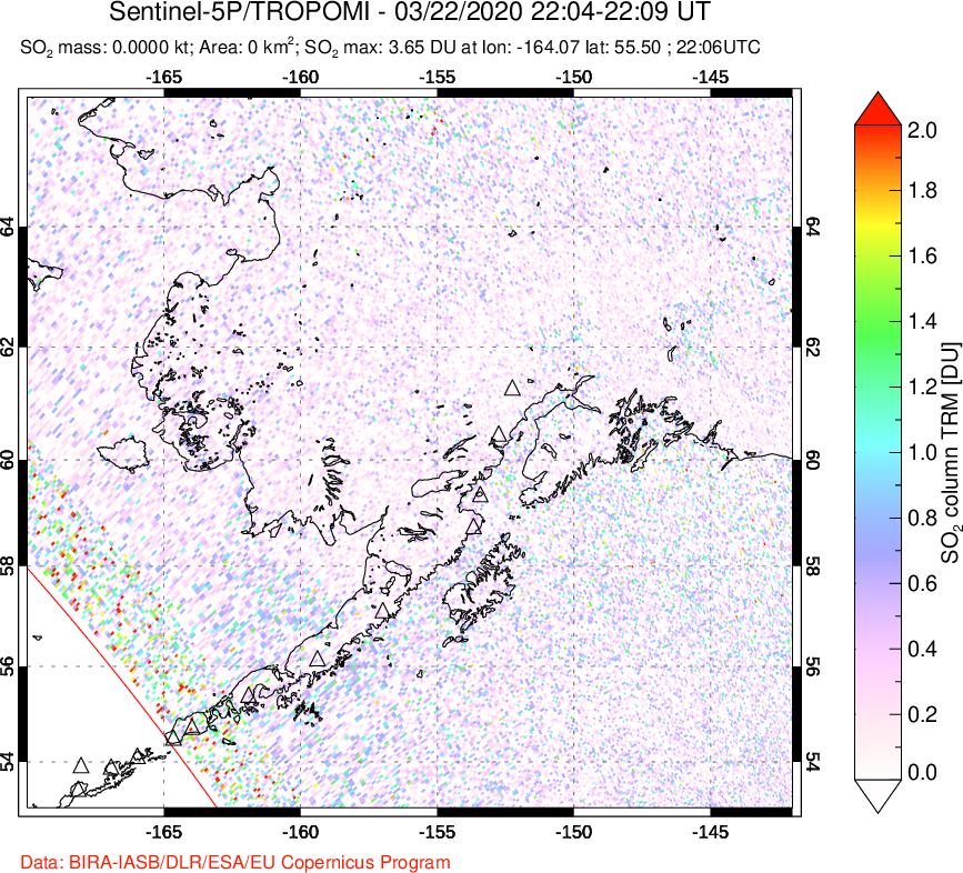A sulfur dioxide image over Alaska, USA on Mar 22, 2020.