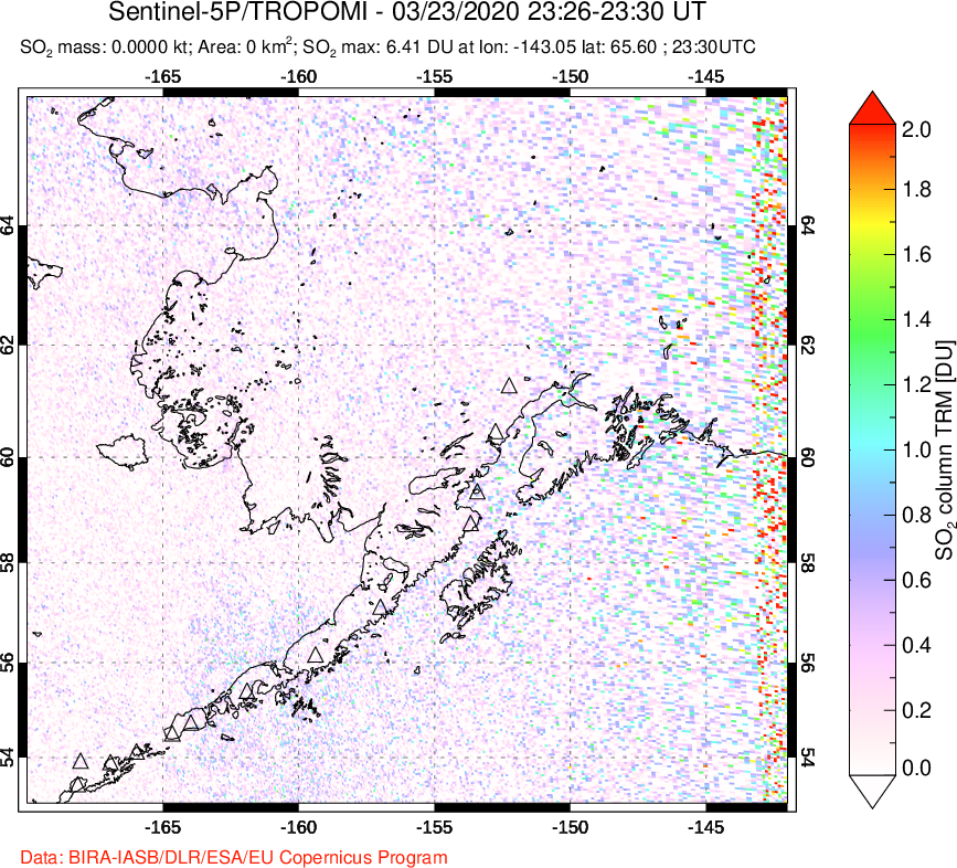 A sulfur dioxide image over Alaska, USA on Mar 23, 2020.