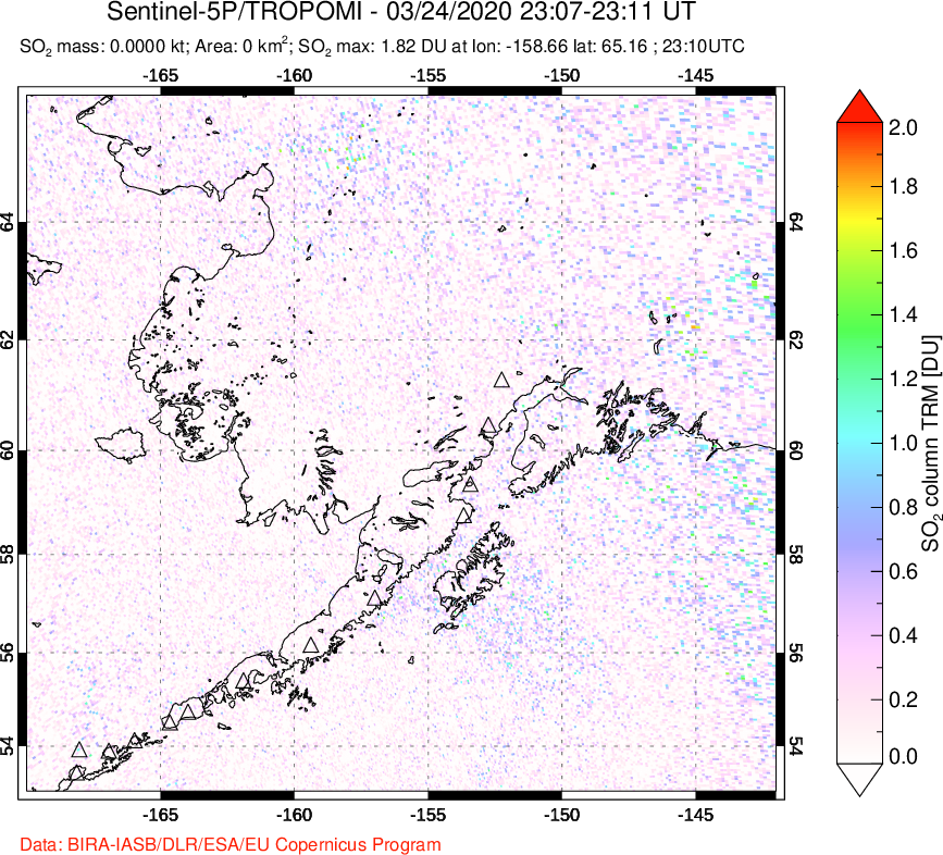 A sulfur dioxide image over Alaska, USA on Mar 24, 2020.