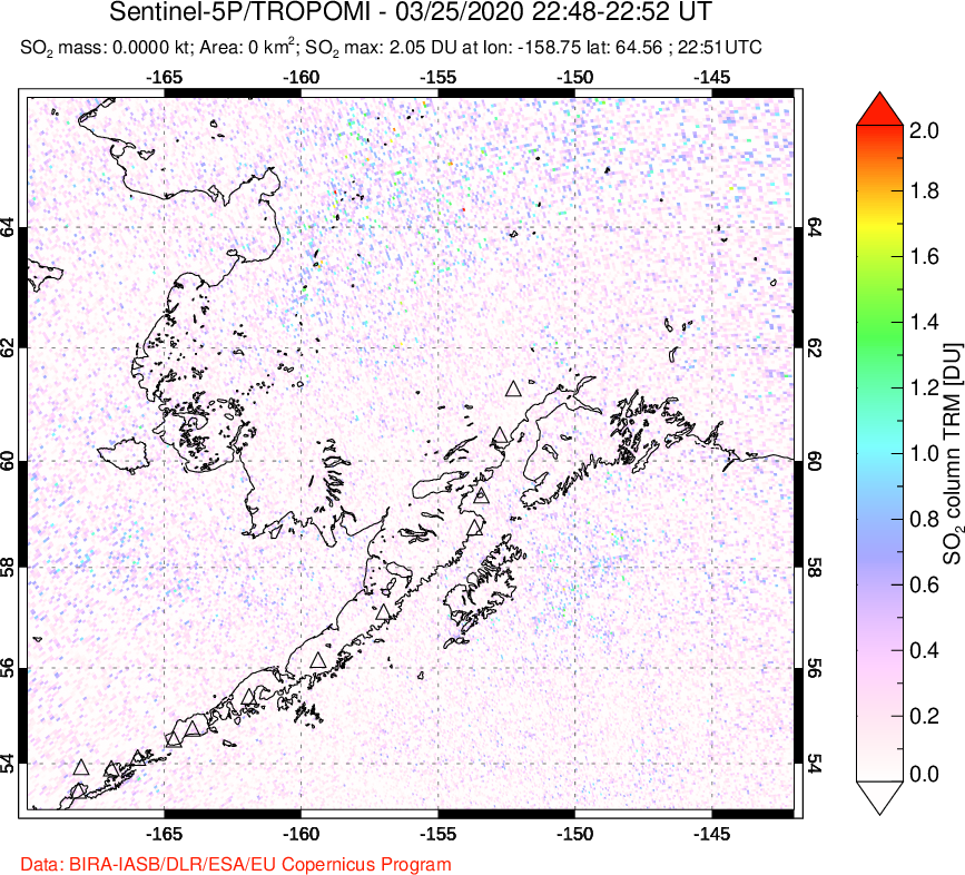 A sulfur dioxide image over Alaska, USA on Mar 25, 2020.