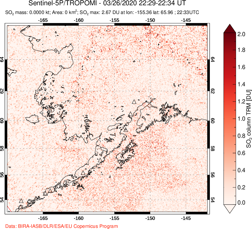 A sulfur dioxide image over Alaska, USA on Mar 26, 2020.