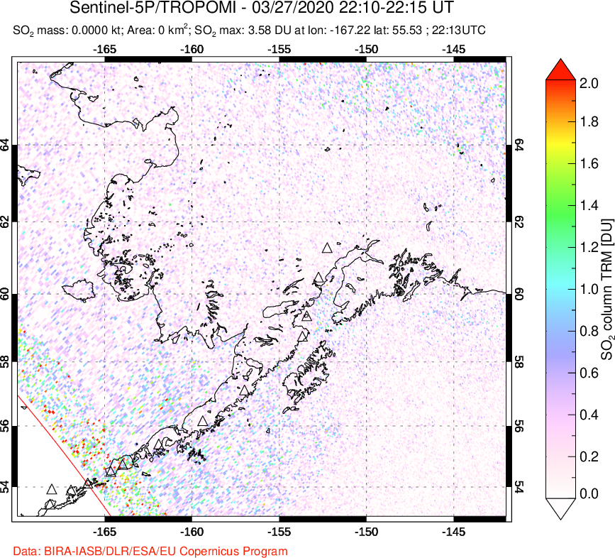 A sulfur dioxide image over Alaska, USA on Mar 27, 2020.