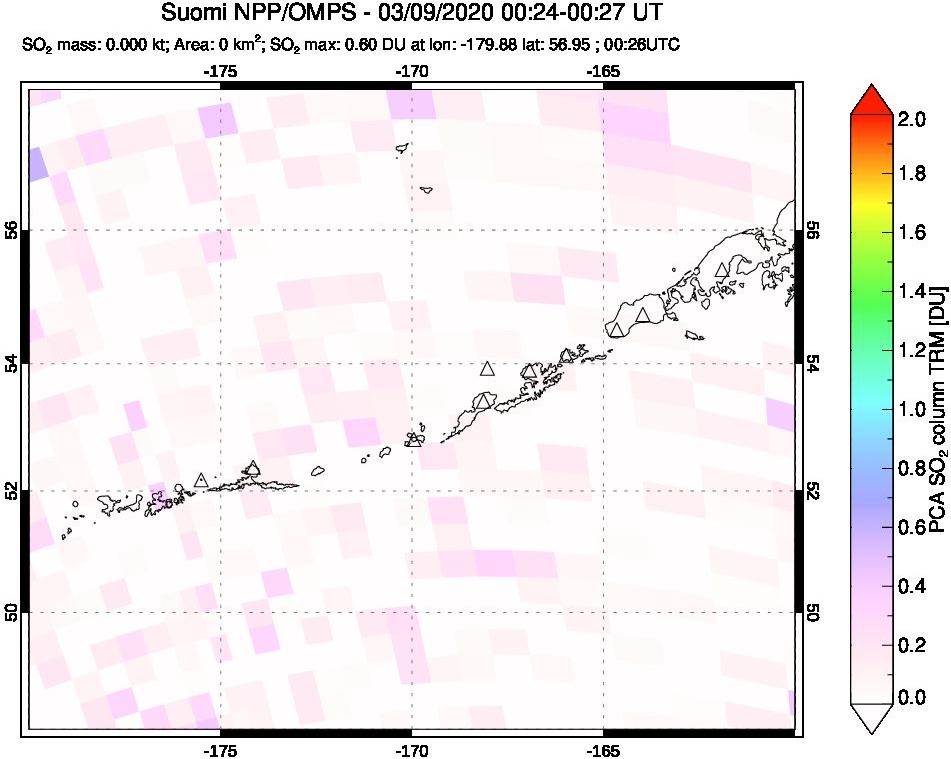 A sulfur dioxide image over Aleutian Islands, Alaska, USA on Mar 09, 2020.