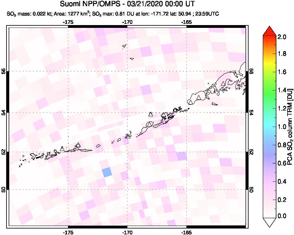A sulfur dioxide image over Aleutian Islands, Alaska, USA on Mar 21, 2020.