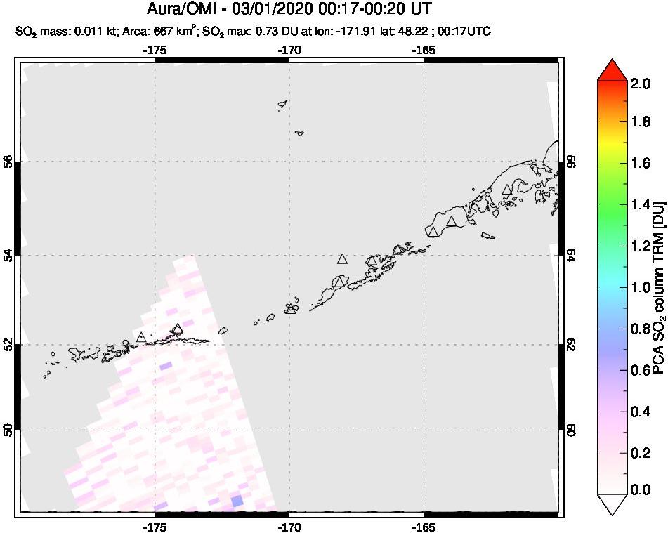 A sulfur dioxide image over Aleutian Islands, Alaska, USA on Mar 01, 2020.