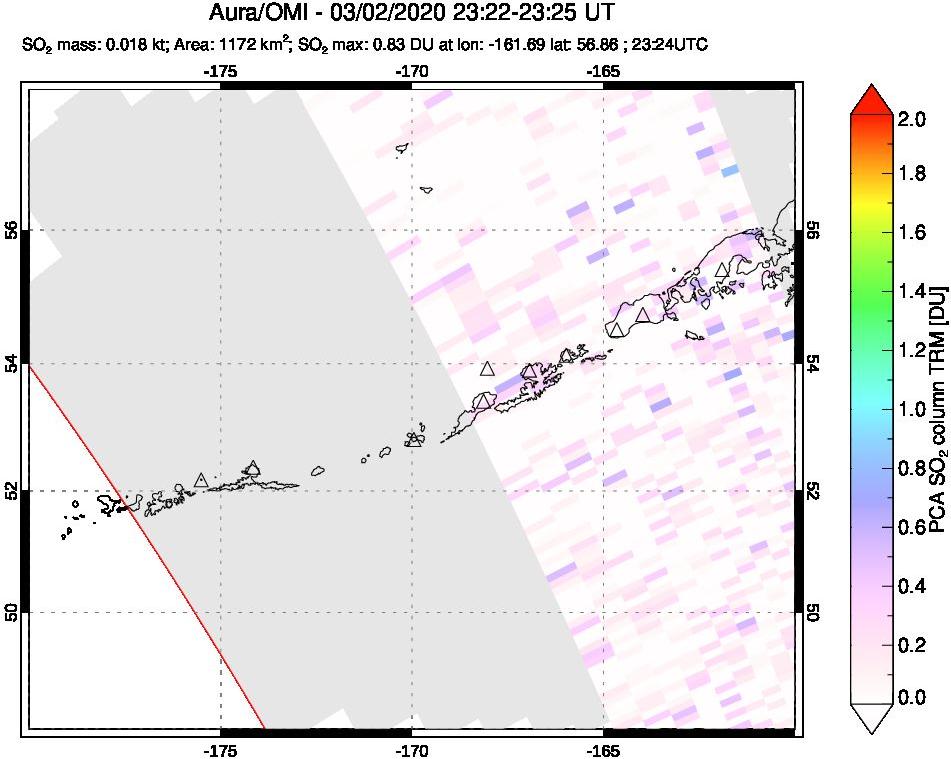 A sulfur dioxide image over Aleutian Islands, Alaska, USA on Mar 02, 2020.