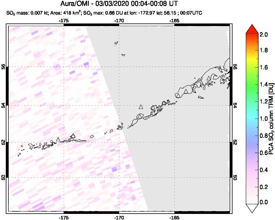A sulfur dioxide image over Aleutian Islands, Alaska, USA on Mar 03, 2020.