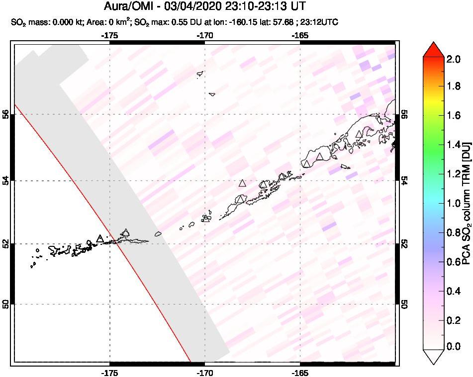 A sulfur dioxide image over Aleutian Islands, Alaska, USA on Mar 04, 2020.