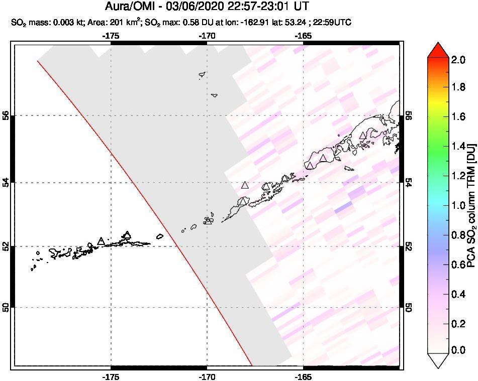 A sulfur dioxide image over Aleutian Islands, Alaska, USA on Mar 06, 2020.