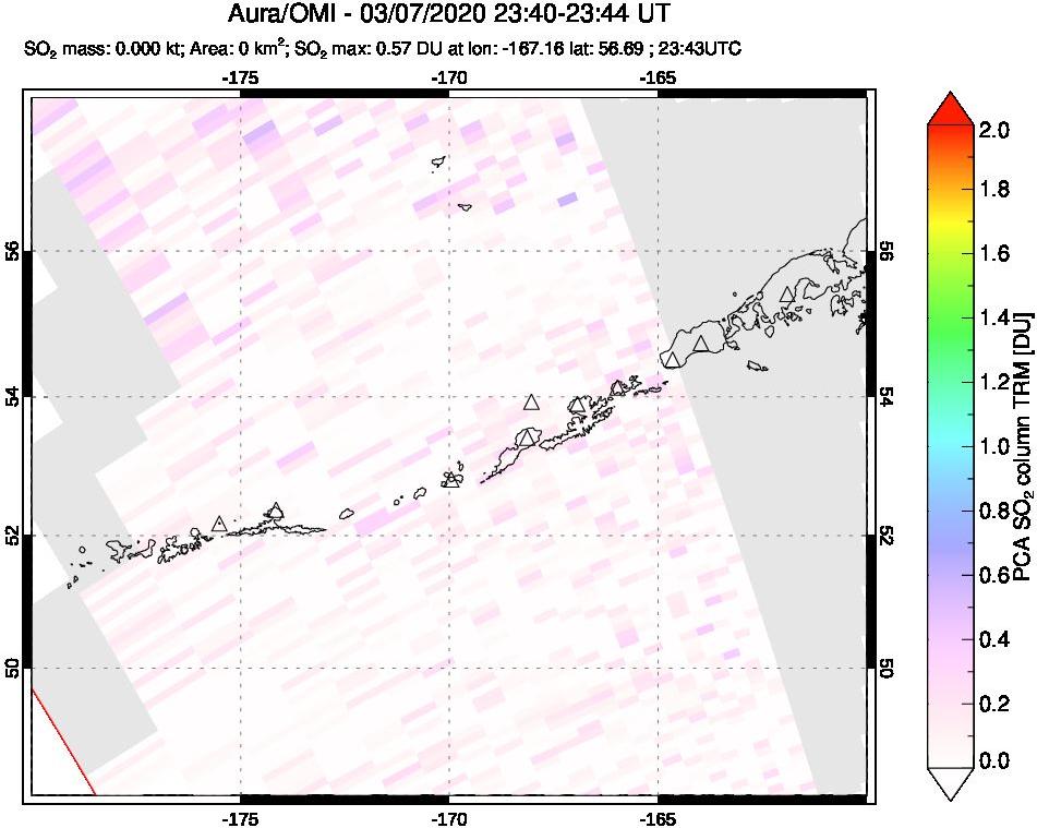 A sulfur dioxide image over Aleutian Islands, Alaska, USA on Mar 07, 2020.