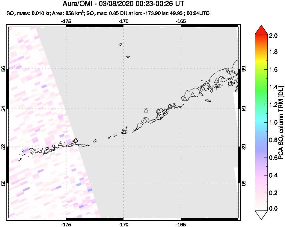 A sulfur dioxide image over Aleutian Islands, Alaska, USA on Mar 08, 2020.
