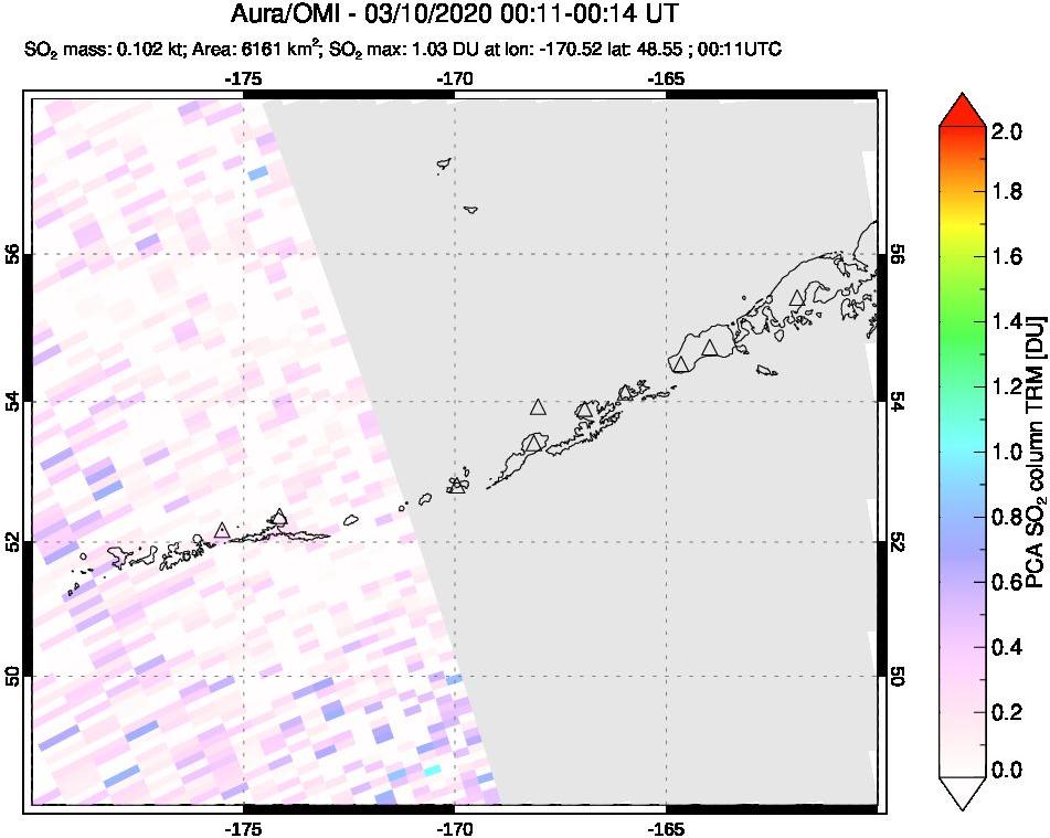 A sulfur dioxide image over Aleutian Islands, Alaska, USA on Mar 10, 2020.