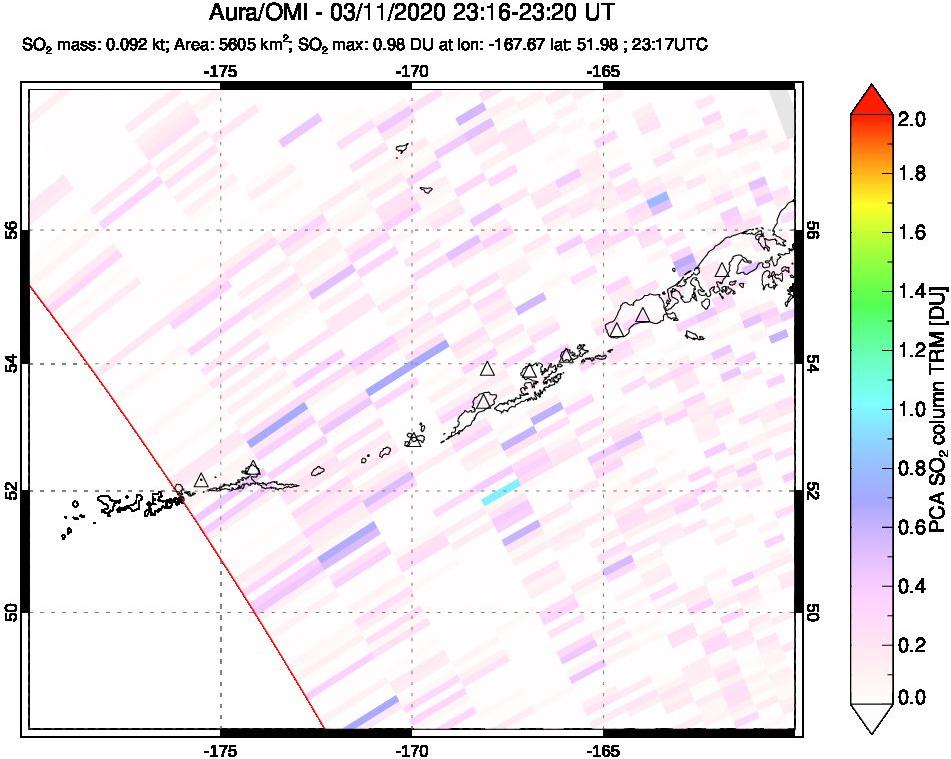 A sulfur dioxide image over Aleutian Islands, Alaska, USA on Mar 11, 2020.