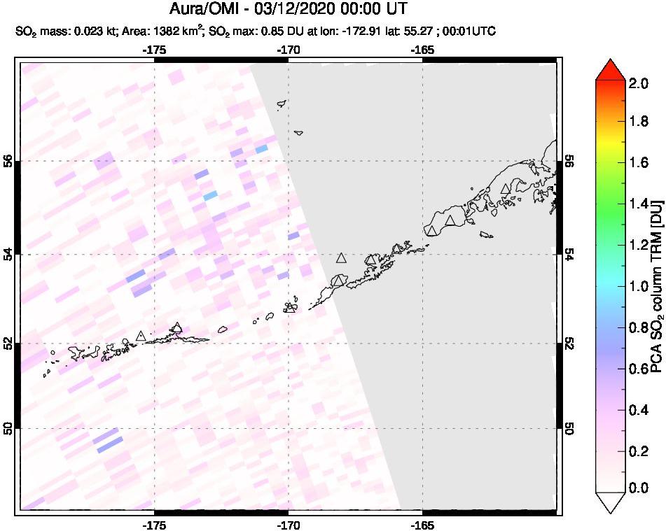 A sulfur dioxide image over Aleutian Islands, Alaska, USA on Mar 12, 2020.