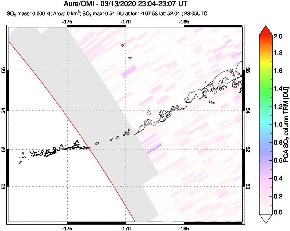 A sulfur dioxide image over Aleutian Islands, Alaska, USA on Mar 13, 2020.