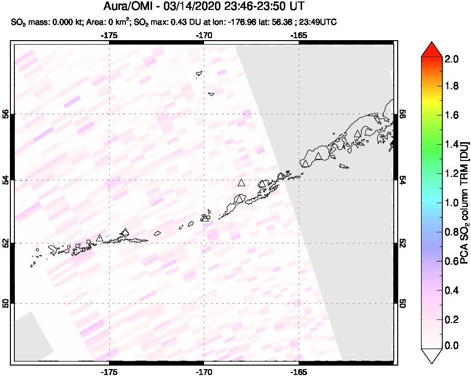 A sulfur dioxide image over Aleutian Islands, Alaska, USA on Mar 14, 2020.