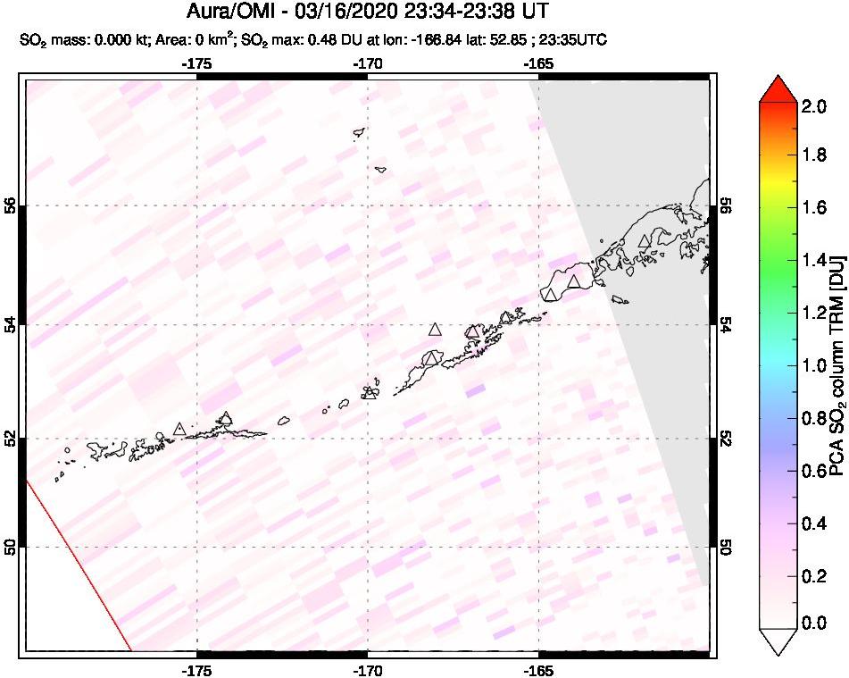A sulfur dioxide image over Aleutian Islands, Alaska, USA on Mar 16, 2020.