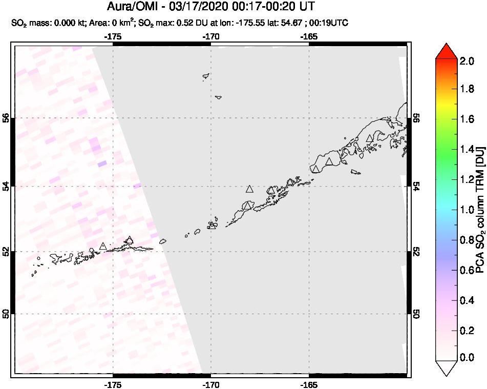 A sulfur dioxide image over Aleutian Islands, Alaska, USA on Mar 17, 2020.