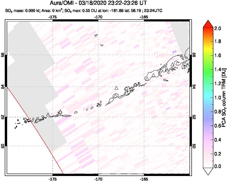A sulfur dioxide image over Aleutian Islands, Alaska, USA on Mar 18, 2020.
