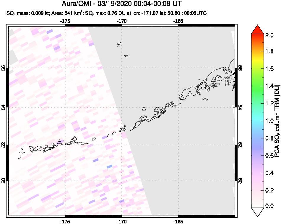 A sulfur dioxide image over Aleutian Islands, Alaska, USA on Mar 19, 2020.