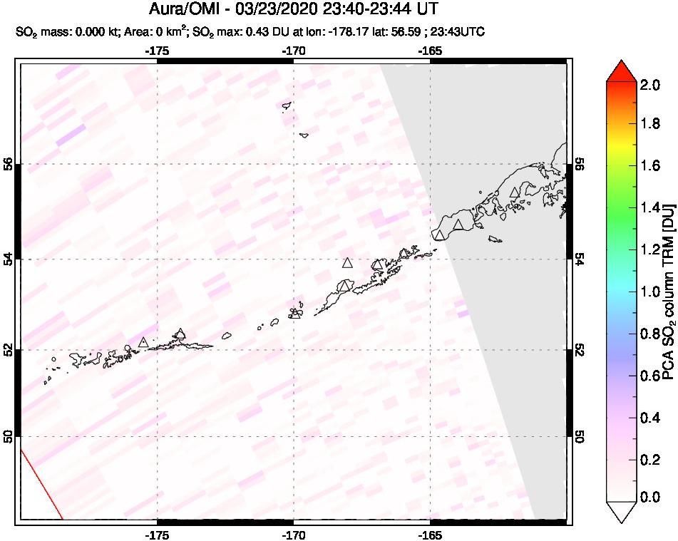 A sulfur dioxide image over Aleutian Islands, Alaska, USA on Mar 23, 2020.