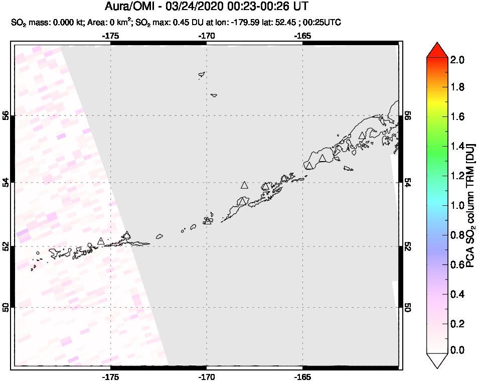 A sulfur dioxide image over Aleutian Islands, Alaska, USA on Mar 24, 2020.