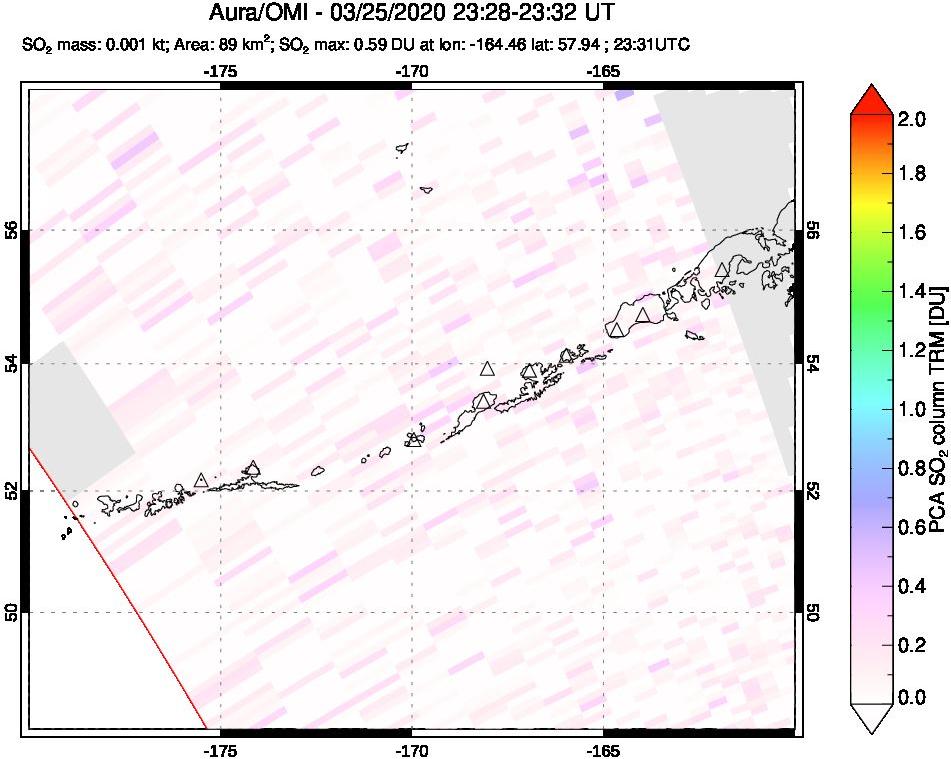 A sulfur dioxide image over Aleutian Islands, Alaska, USA on Mar 25, 2020.
