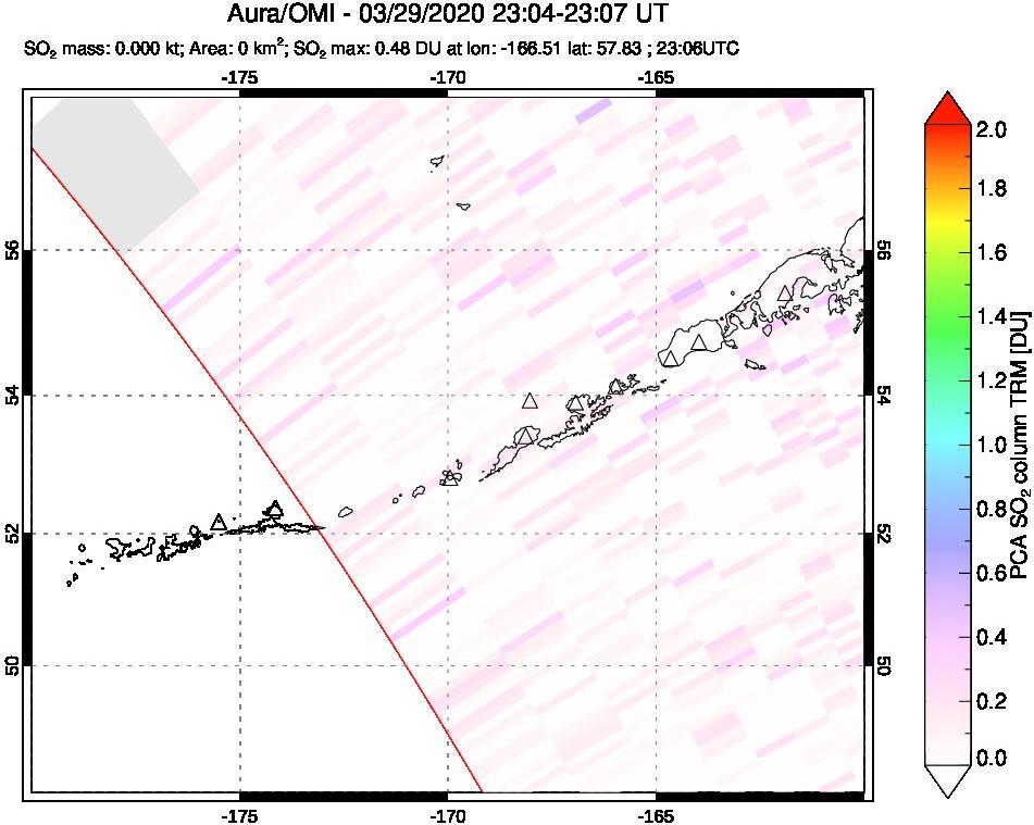 A sulfur dioxide image over Aleutian Islands, Alaska, USA on Mar 29, 2020.