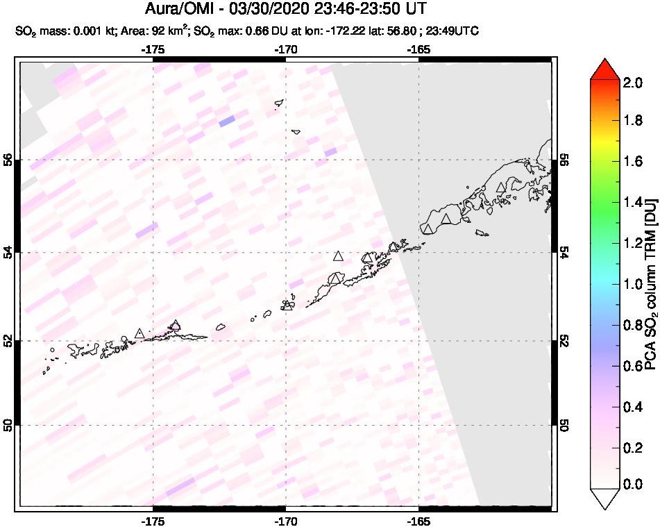 A sulfur dioxide image over Aleutian Islands, Alaska, USA on Mar 30, 2020.