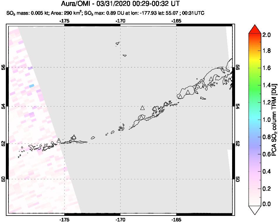 A sulfur dioxide image over Aleutian Islands, Alaska, USA on Mar 31, 2020.