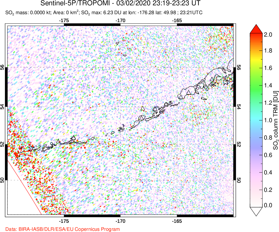 A sulfur dioxide image over Aleutian Islands, Alaska, USA on Mar 02, 2020.