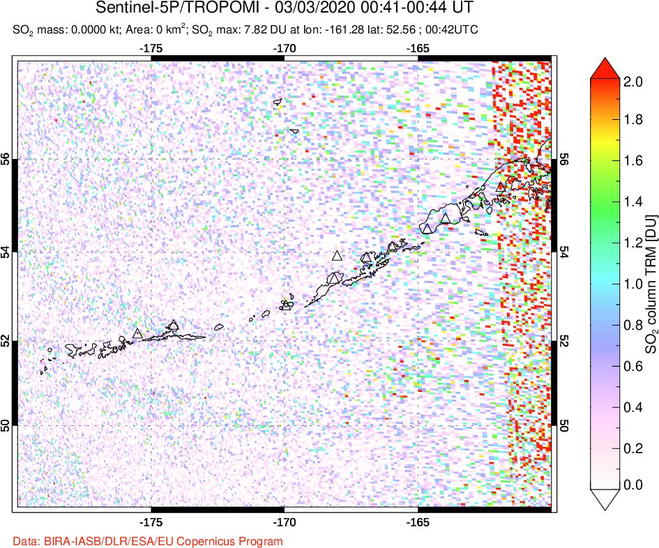 A sulfur dioxide image over Aleutian Islands, Alaska, USA on Mar 03, 2020.