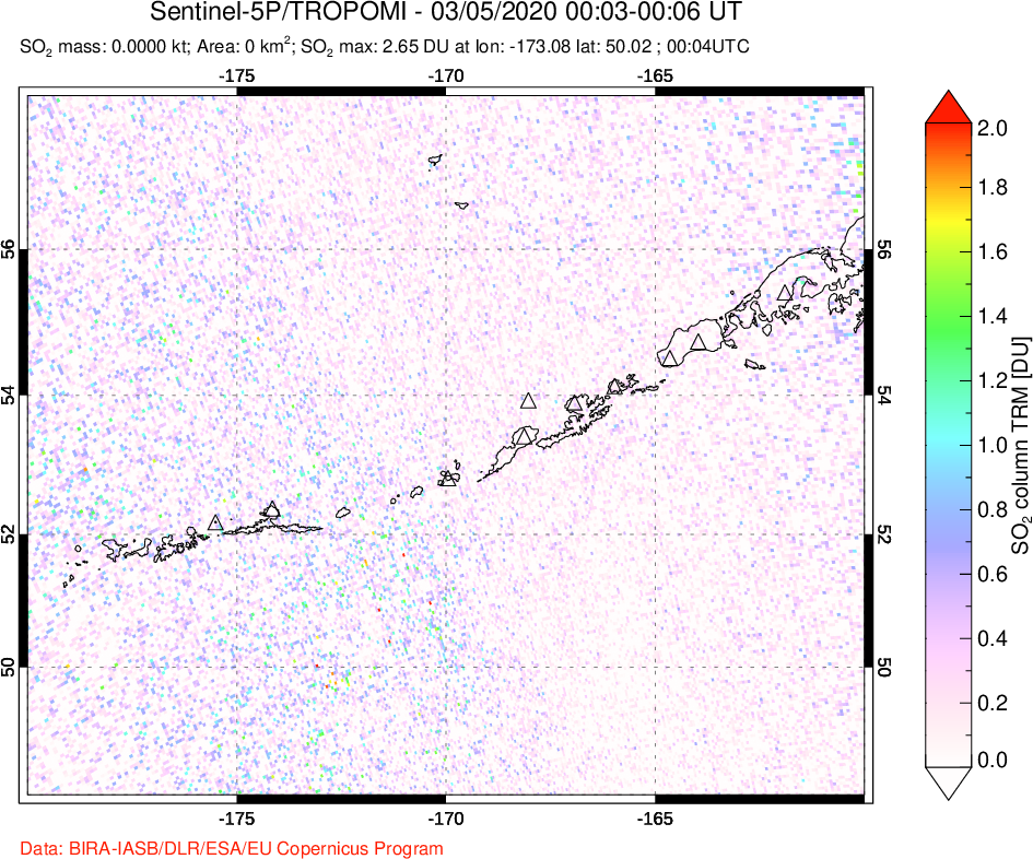 A sulfur dioxide image over Aleutian Islands, Alaska, USA on Mar 05, 2020.